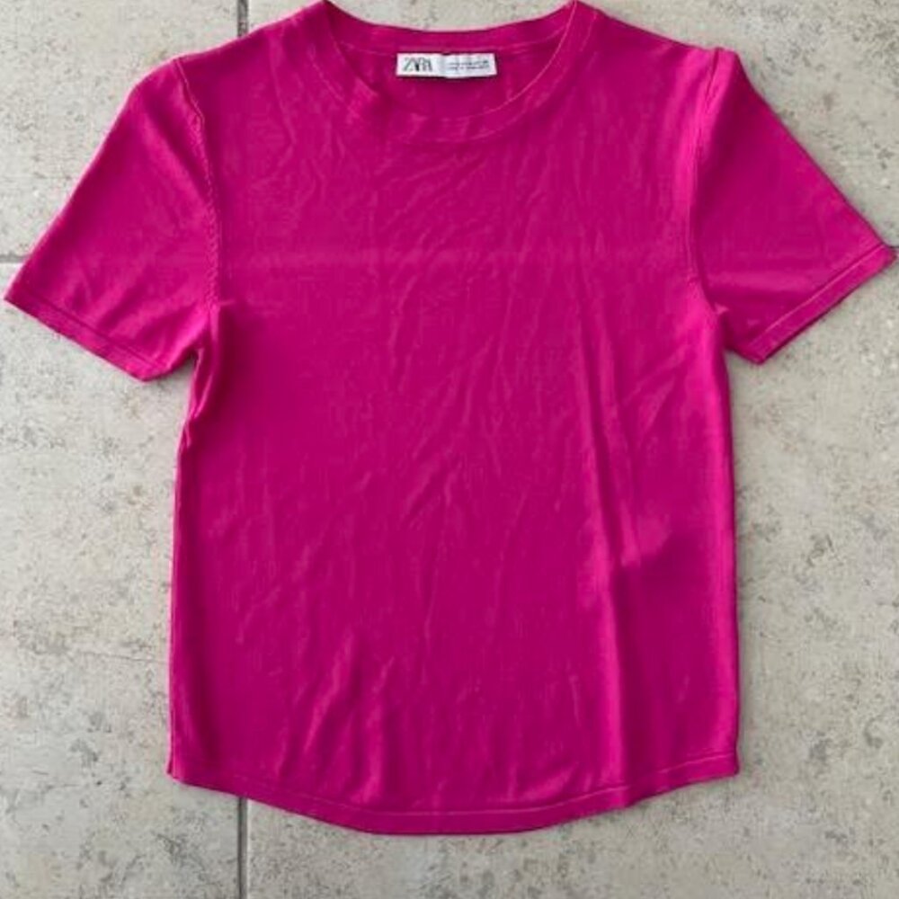 ZARA Women's Top Tshirt Medium Pink Soft Silky Fine Knit NEW NWOT